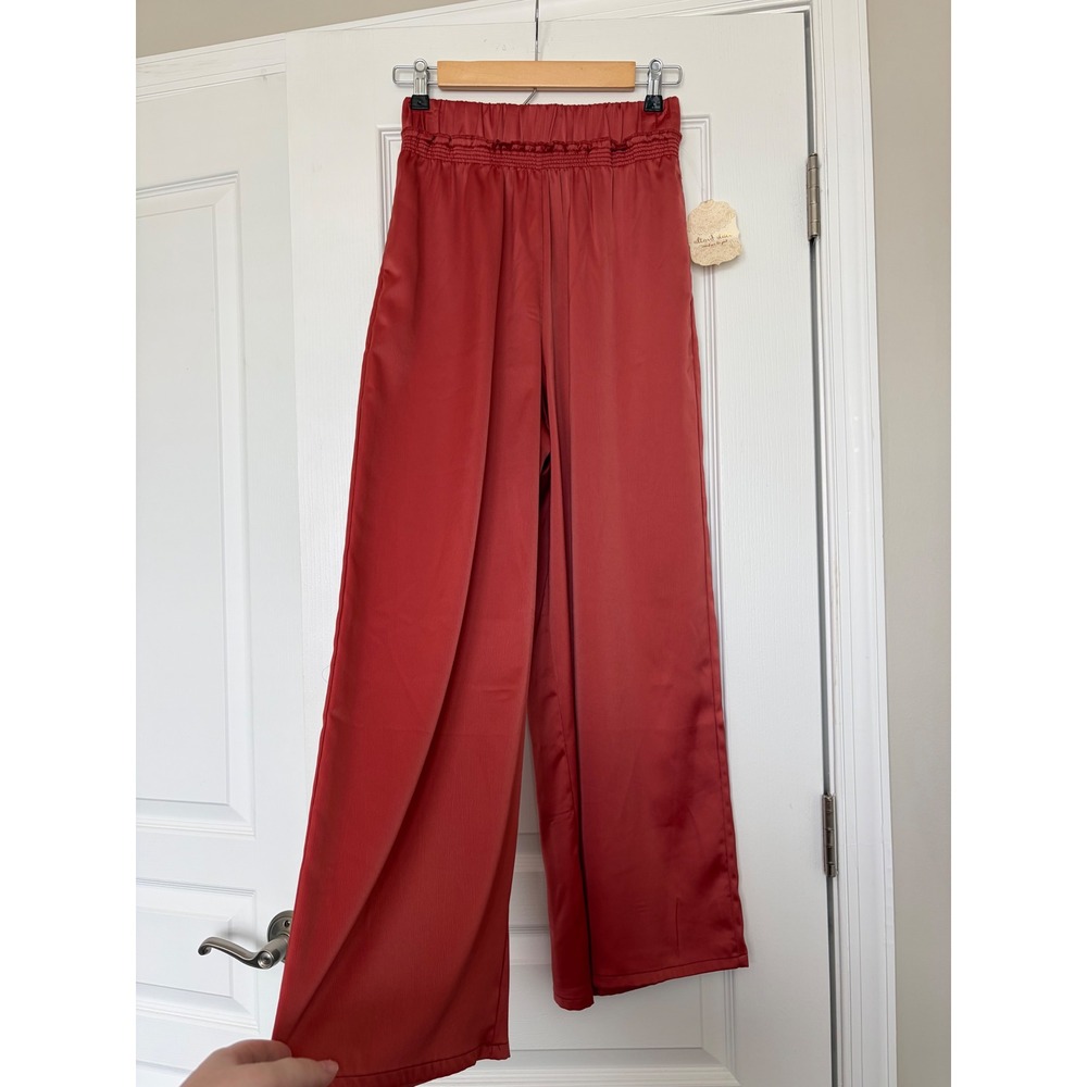 Altar'd State Womens Rust Satin Wide Leg Pants High Waist Flowy Trouser TXE0928